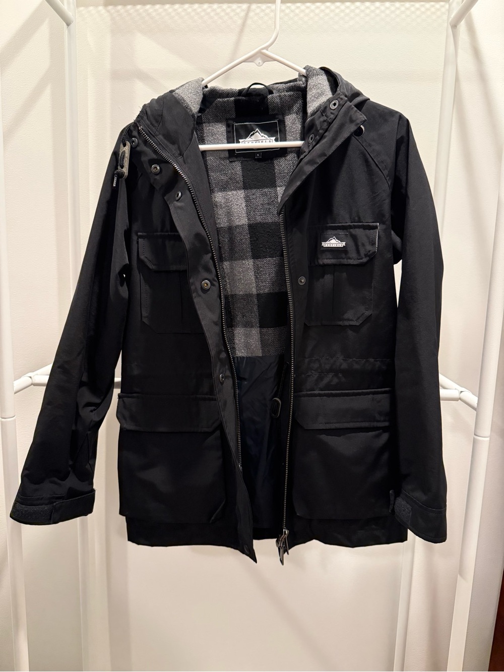 Penfield x Madewell “Kasson” Black Hooded Field Coat with Gray Plaid Lining